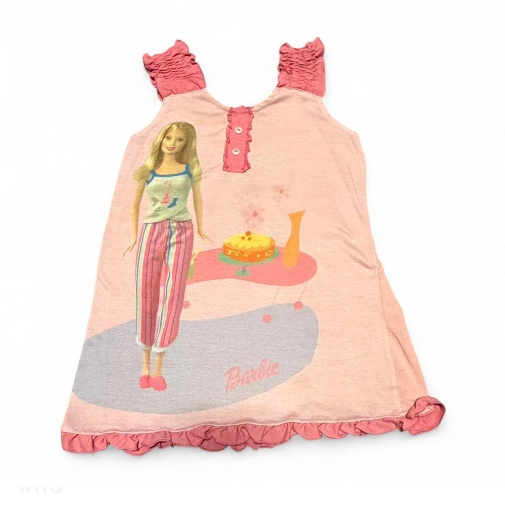 Vintage Y2K Barbie Girls Pink Ruffle Sleeveless Nightgown Pajama Dress Mattel